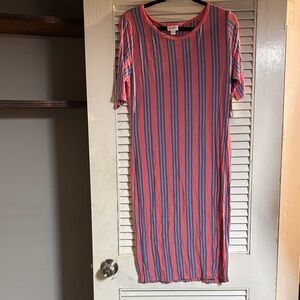 LuLaRoe Pink and Blue Striped Maxi Dress